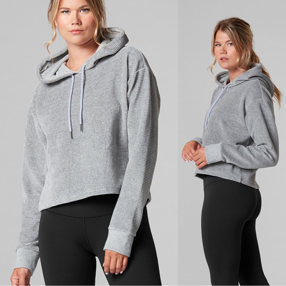 Tavi Noir Semi Cropped Hoodie Women's Medium Gray Velvet Active Lounge Athleisur